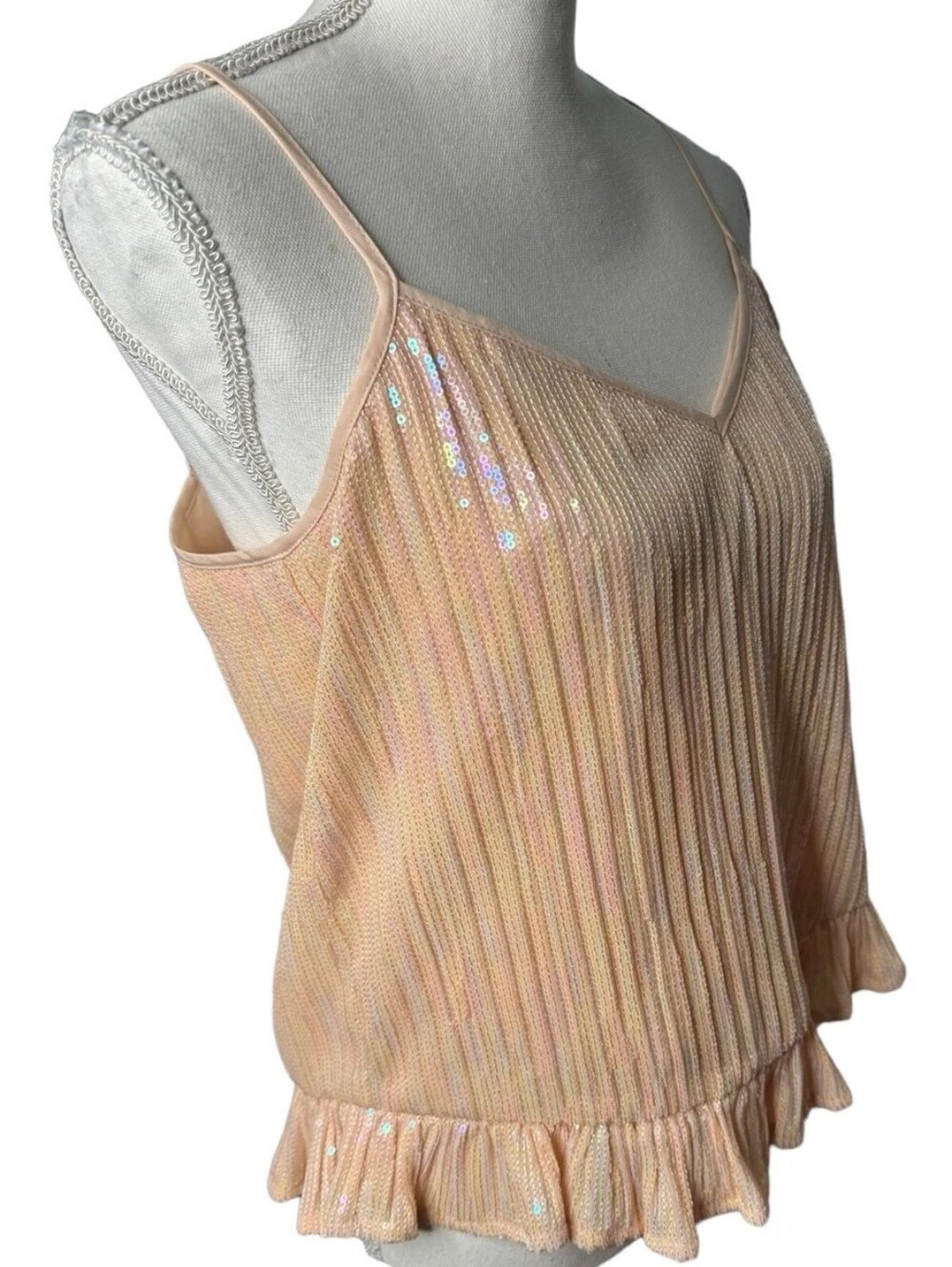 Anthropologie Amelie Sequin Shimmery Blush Pleated Ruffle Spaghetti Cami Top- 10 - Picture 13 of 14